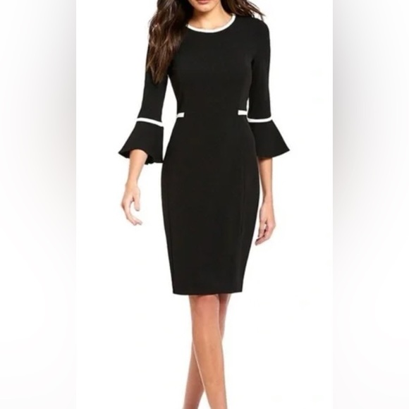 Calvin Klein Black Dress with Bell Sleeve and white piping detail, size 6 - Picture 2 of 8